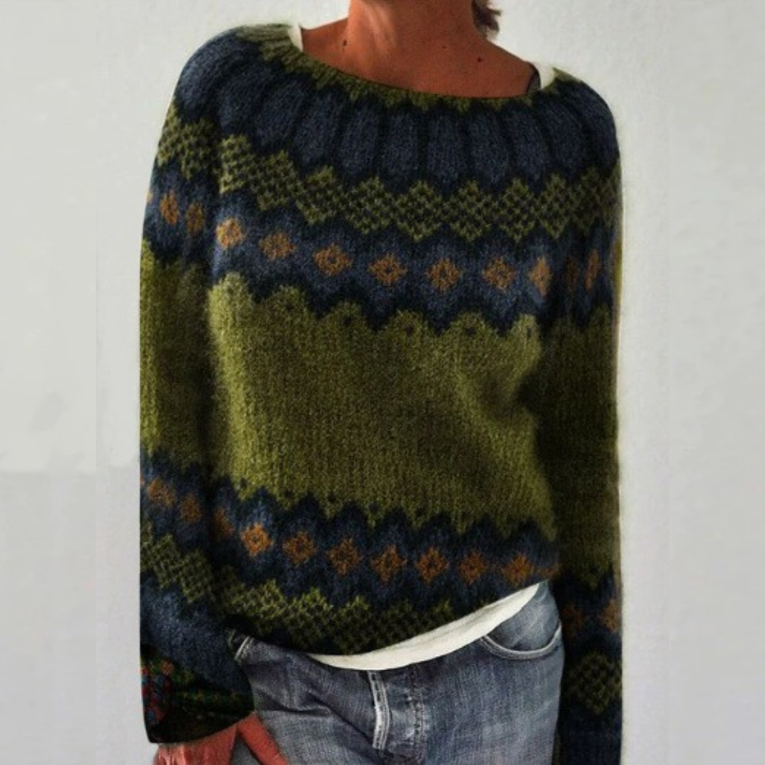 Tessa - Deep Forest Retro Icelandic Knit Sweater