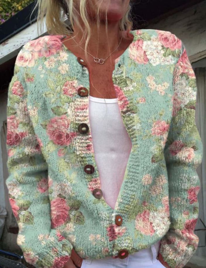 Debrah - Elegant green cardigan with floral print