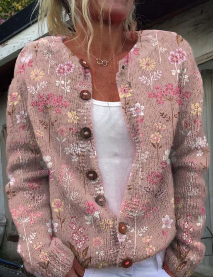 Iris - Elegant pink cardigan with floral print