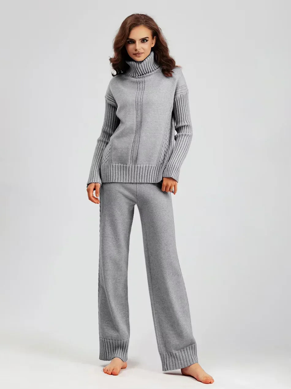 Peyton - Chic High-Neck Knit Sweater & Loose Pants Set