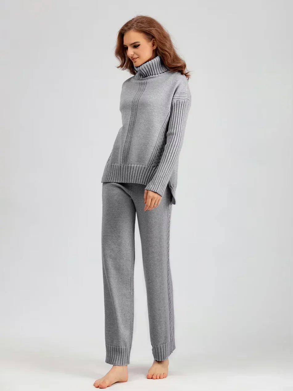 Peyton - Chic High-Neck Knit Sweater & Loose Pants Set