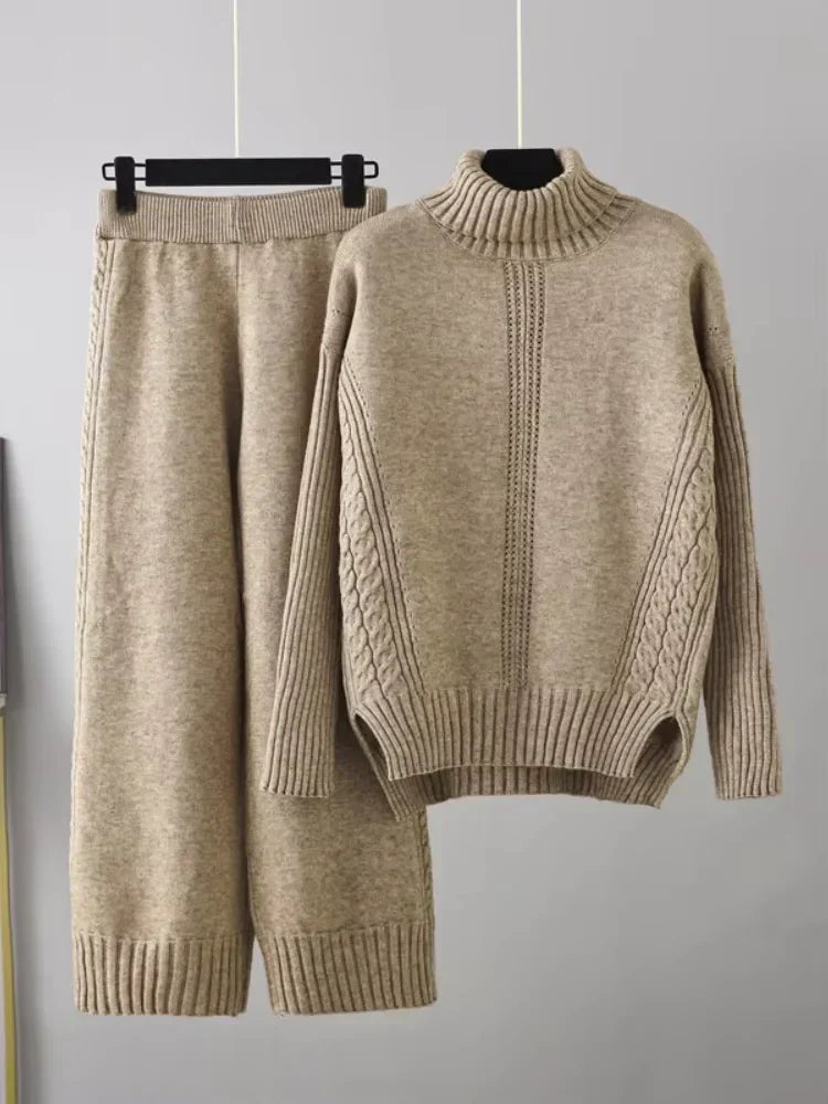 Peyton - Chic High-Neck Knit Sweater & Loose Pants Set
