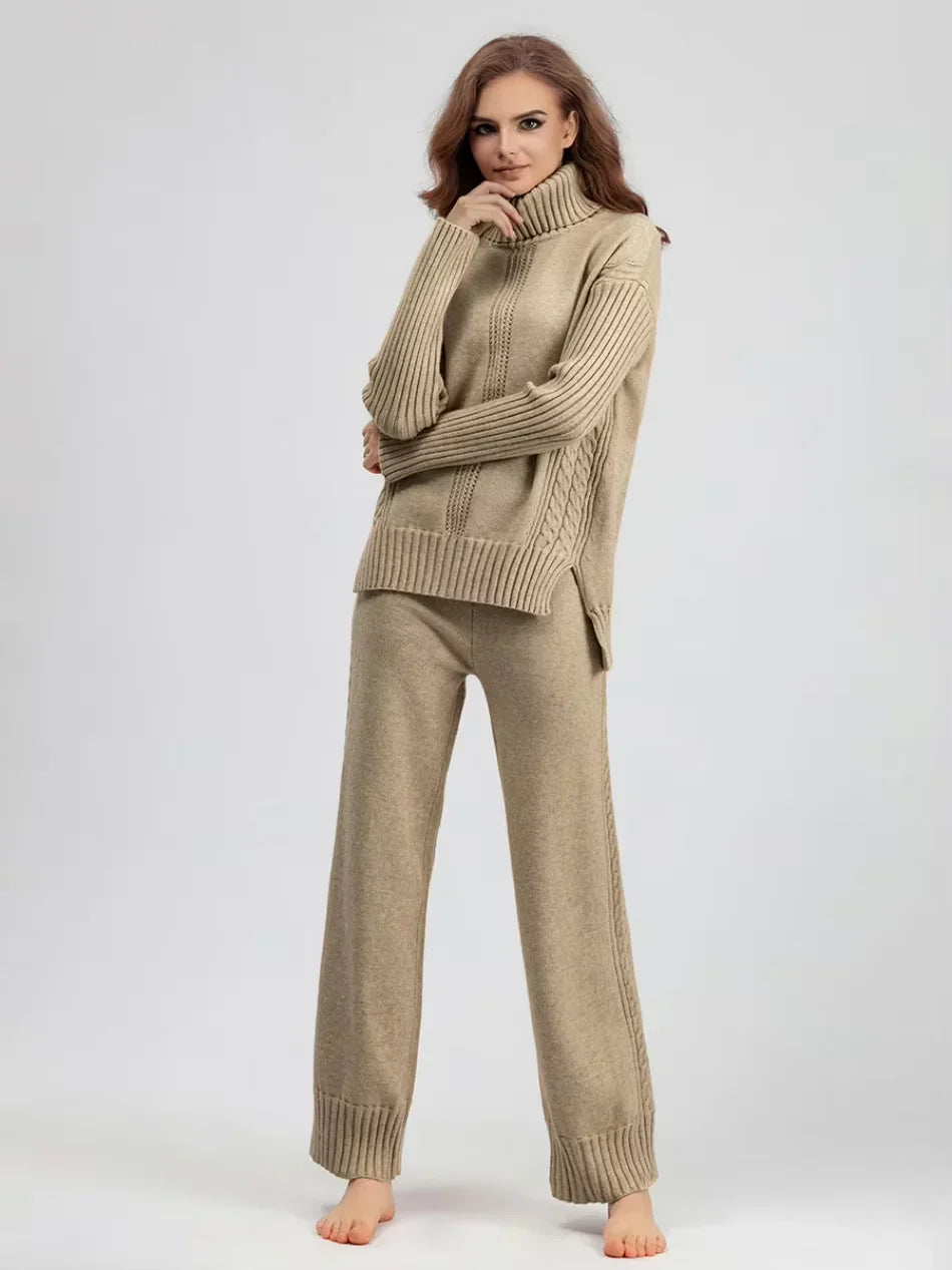 Peyton - Chic High-Neck Knit Sweater & Loose Pants Set