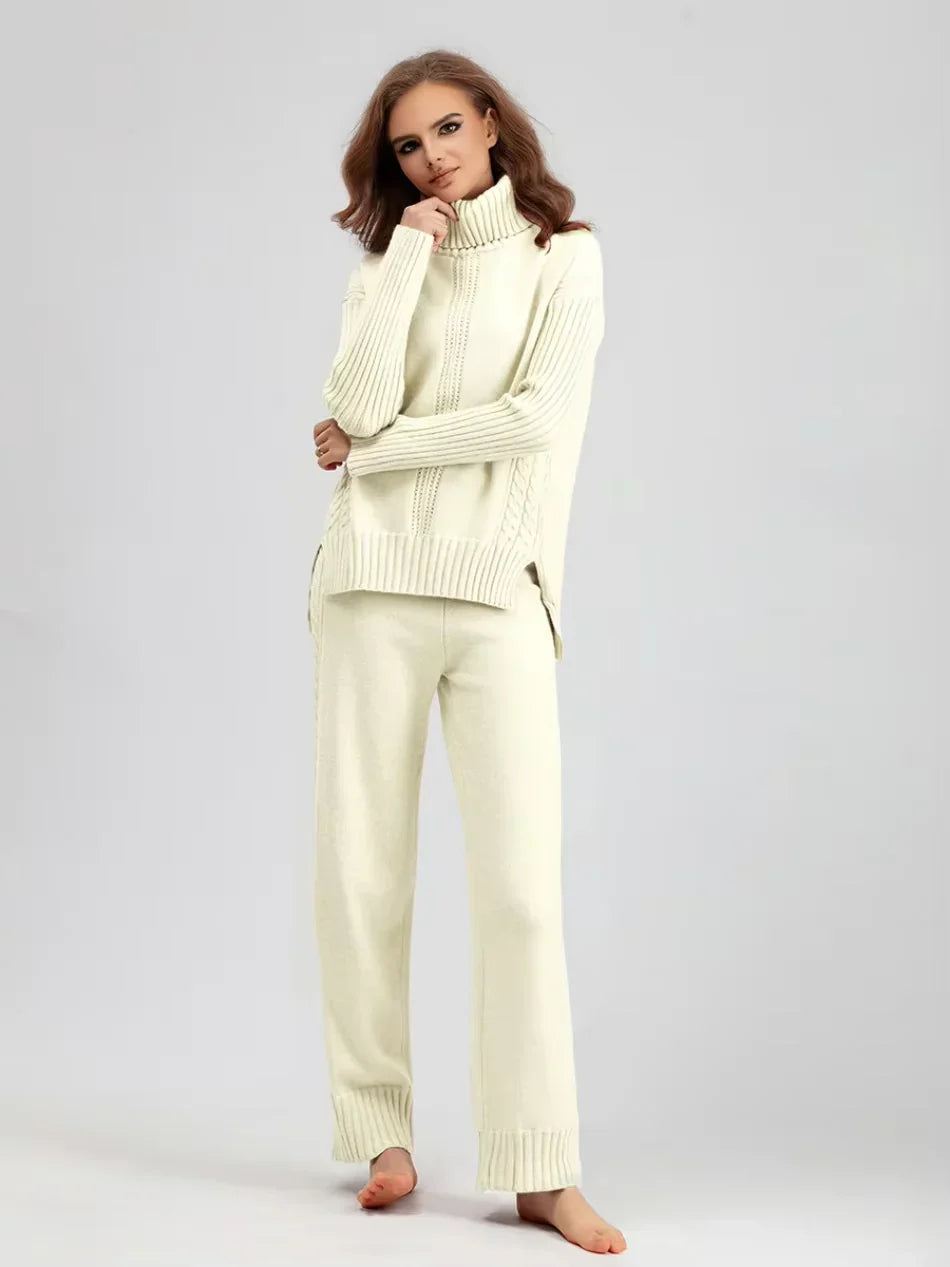 Peyton - Chic High-Neck Knit Sweater & Loose Pants Set