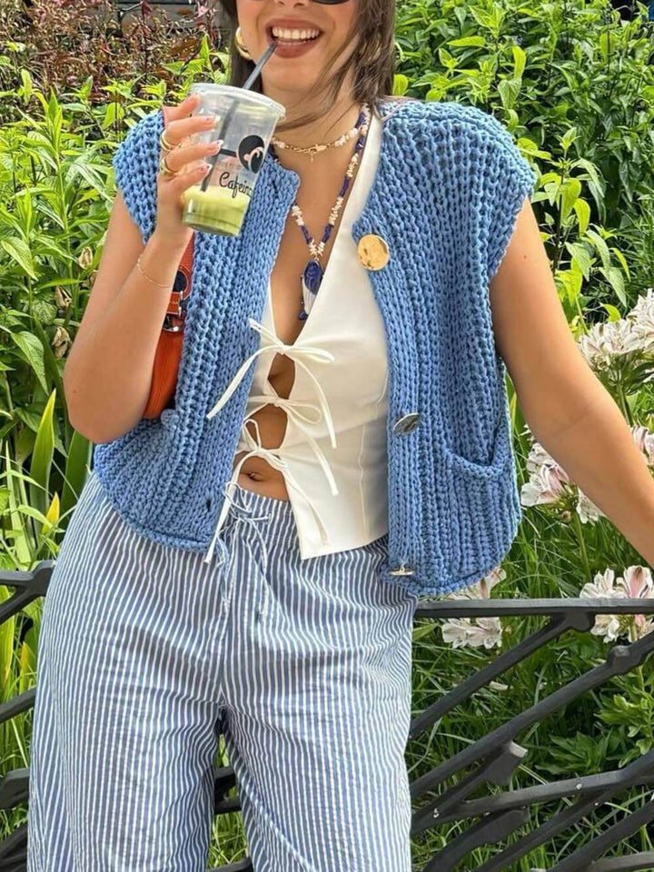 Fiora - Elegant Pocket Sleeveless Cropped Knit Cardigan