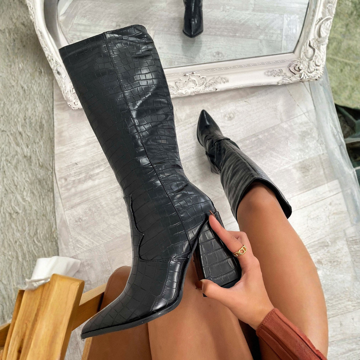 Rafaela - Black Croc Knee-High Boots