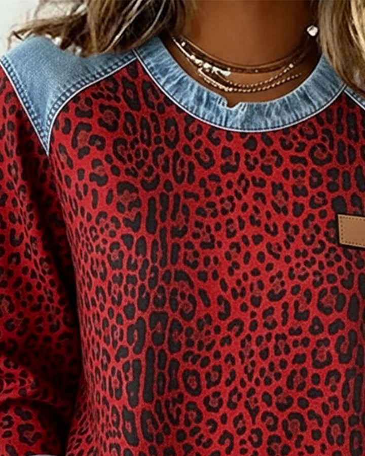 Mira - Sweatshirt Leopard Print Denim Patchwork