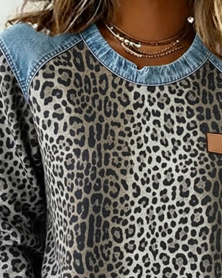 Mira - Sweatshirt Leopard Print Denim Patchwork