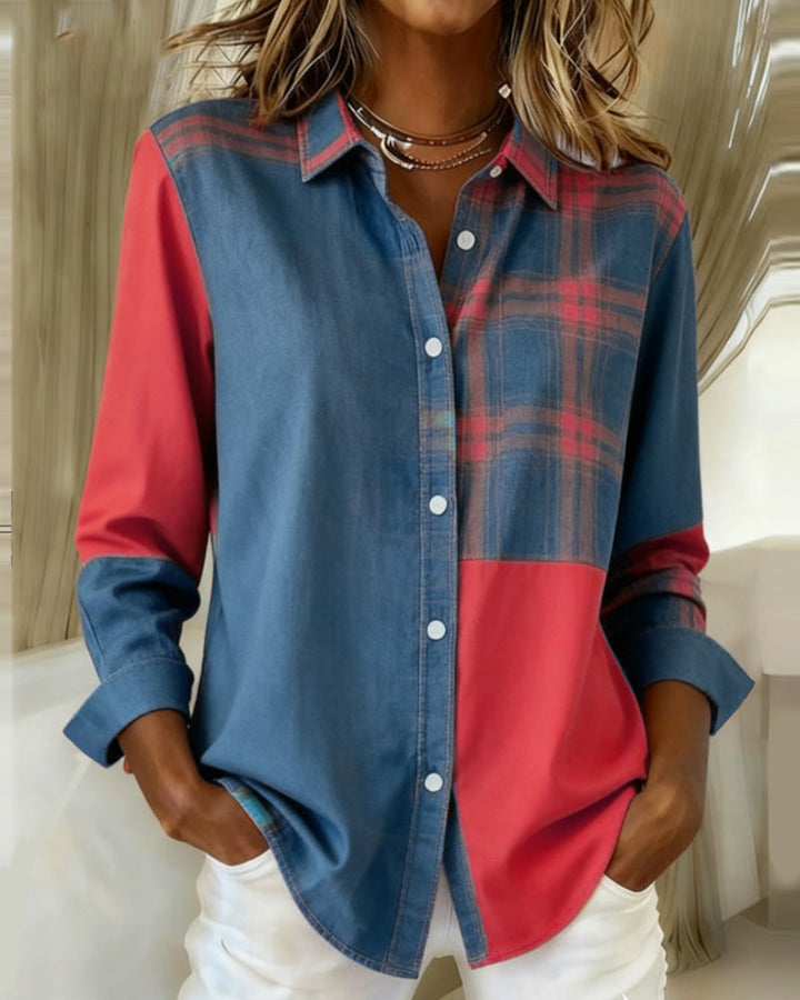Adriana - Shirt with Notched Collar and Checked Contrast Design