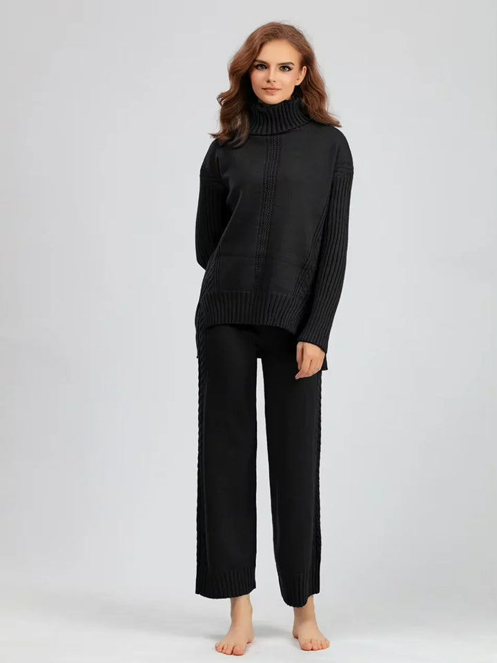 Peyton - Chic High-Neck Knit Sweater & Loose Pants Set