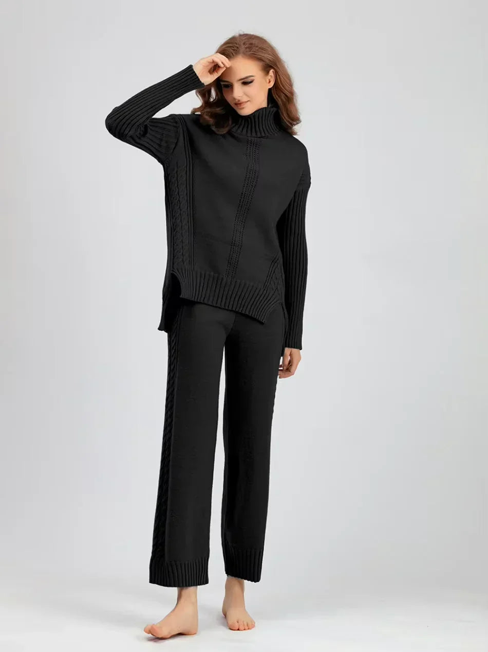 Peyton - Chic High-Neck Knit Sweater & Loose Pants Set