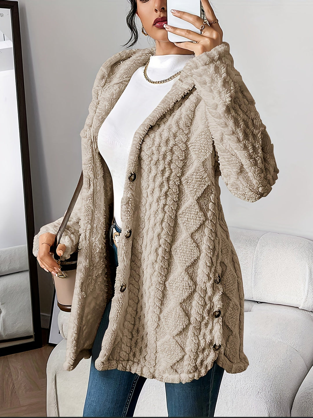 Violet - Plush Diamond-Patterned Hooded Cardigan