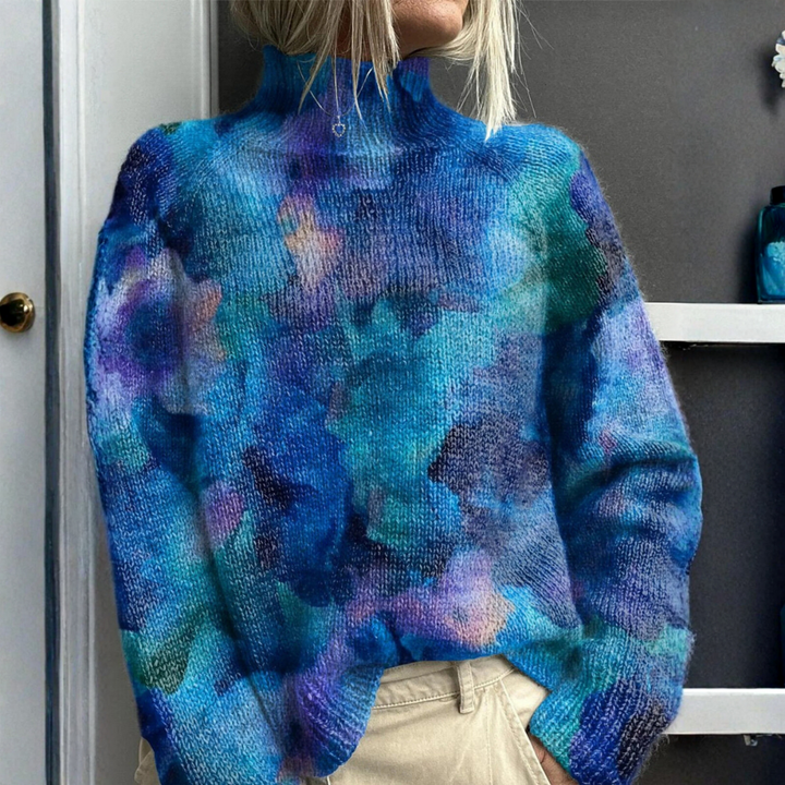 Leah - Abstract Watercolour Floral Knit Turtleneck Sweater