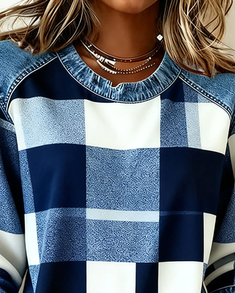 Quinn - Sweatshirt with Check Patchwork and Contrast Color