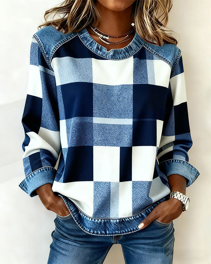 Quinn - Sweatshirt with Check Patchwork and Contrast Color