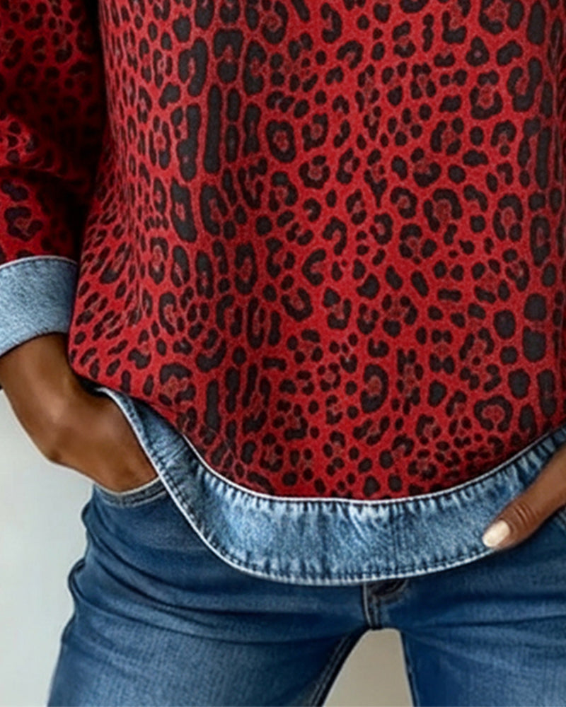 Mira - Sweatshirt Leopard Print Denim Patchwork