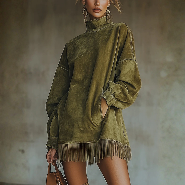 Daphne - Suede Fringe Turtleneck Dress