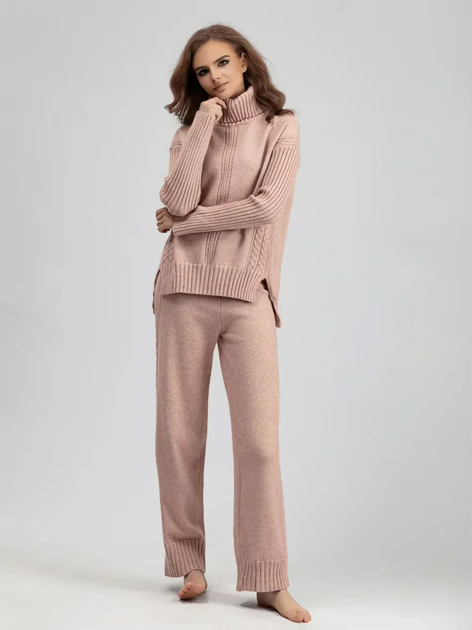 Peyton - Chic High-Neck Knit Sweater & Loose Pants Set