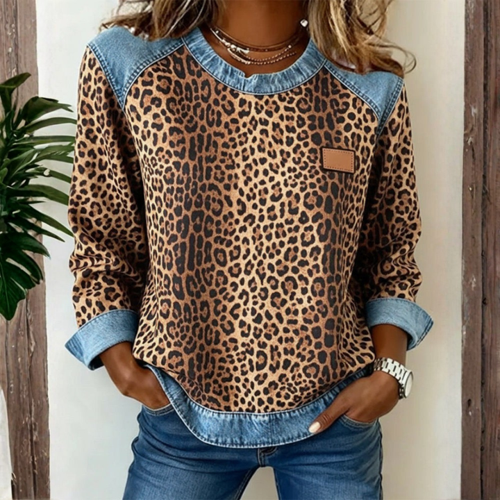 Mira - Sweatshirt Leopard Print Denim Patchwork