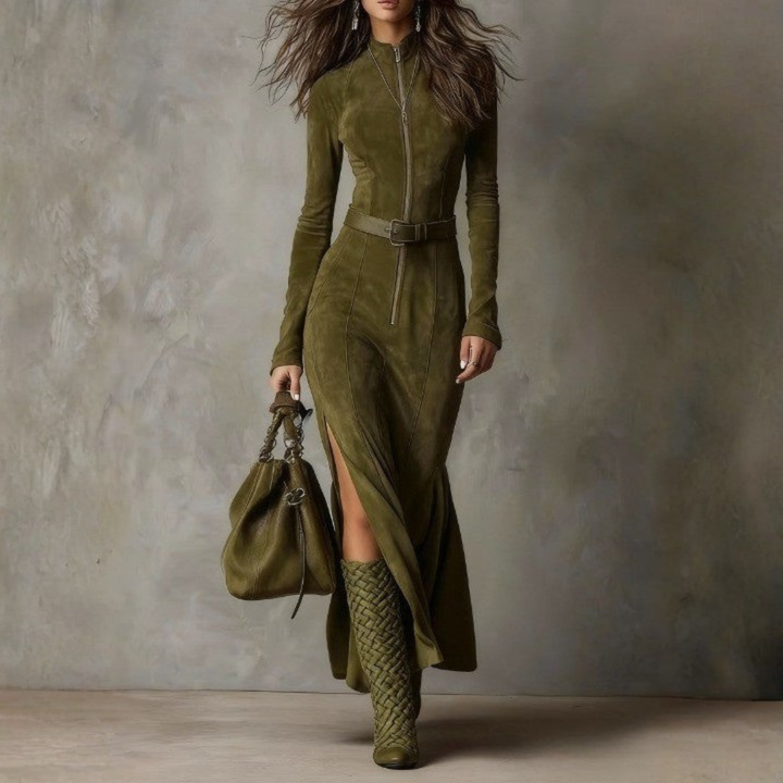Nola - Belted Suede Zip Dress