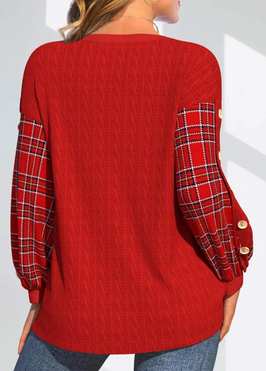 Fiona - Red Knit with Checked Sleeves
