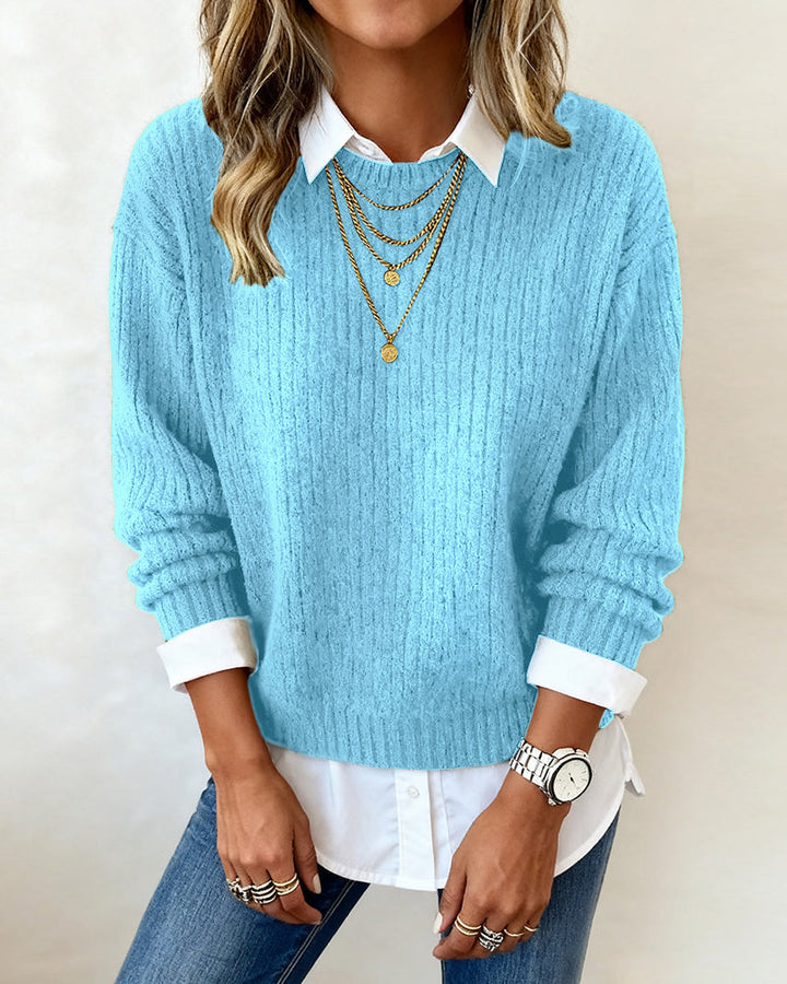 Camille - Sweater With Shirt Collar And Patchwork Design