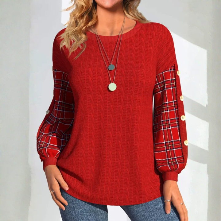 Fiona - Red Knit with Checked Sleeves