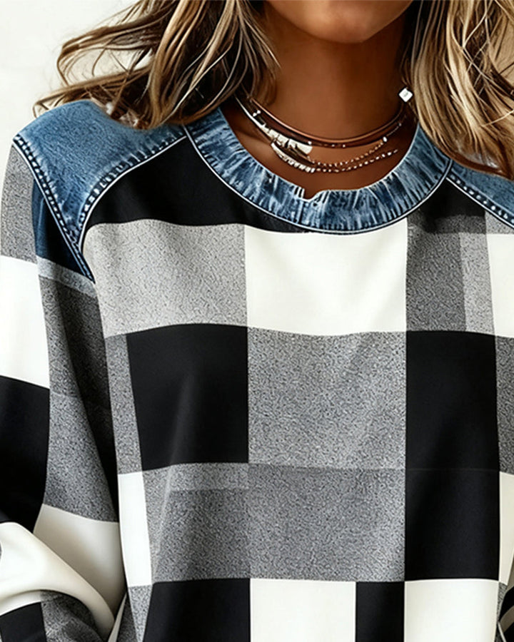 Quinn - Sweatshirt with Check Patchwork and Contrast Color