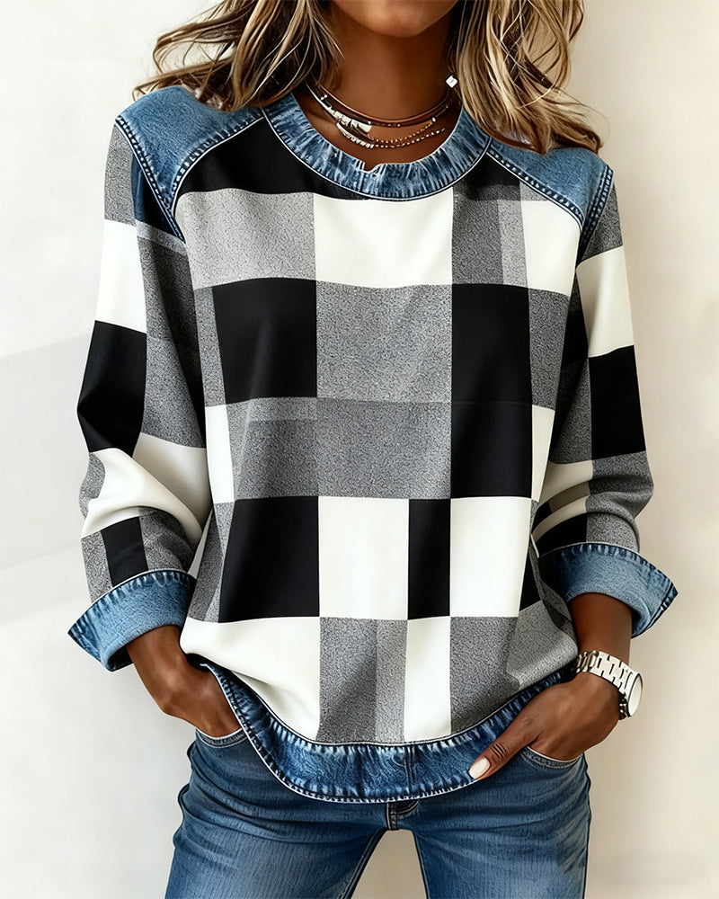 Quinn - Sweatshirt with Check Patchwork and Contrast Color