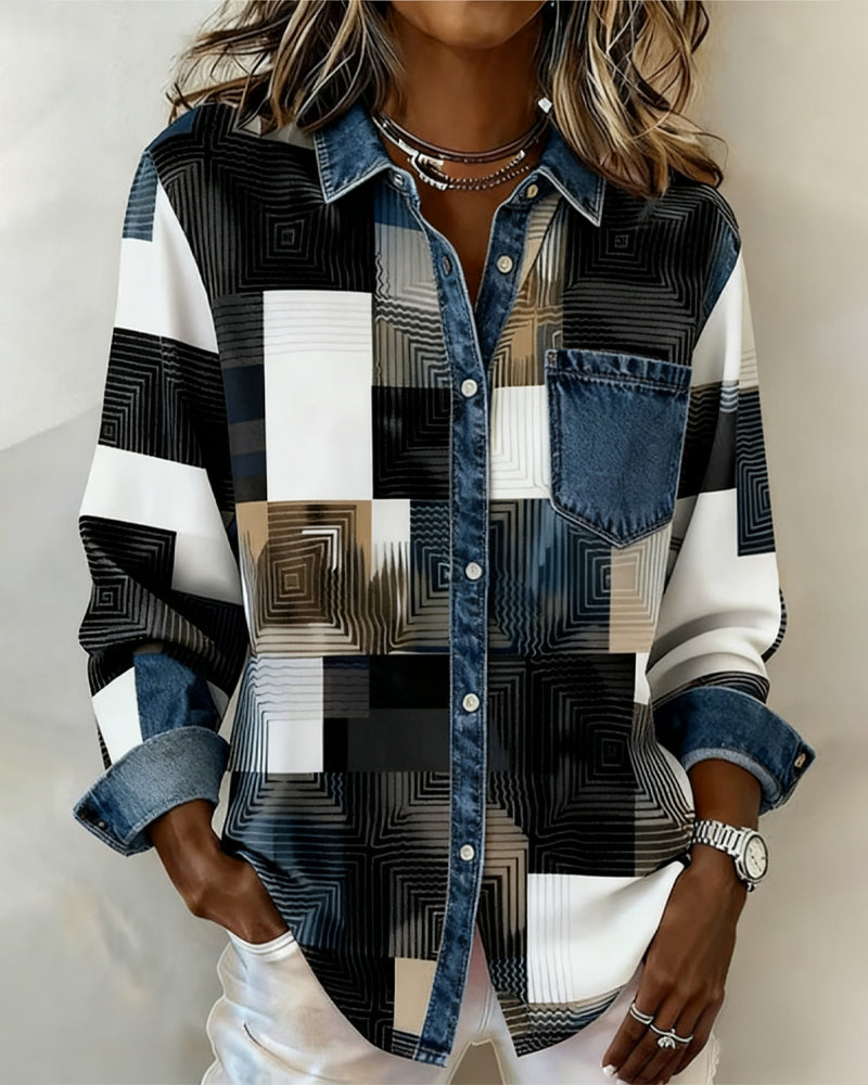 Vanessa - Color Block Shirt Fashionable Collar