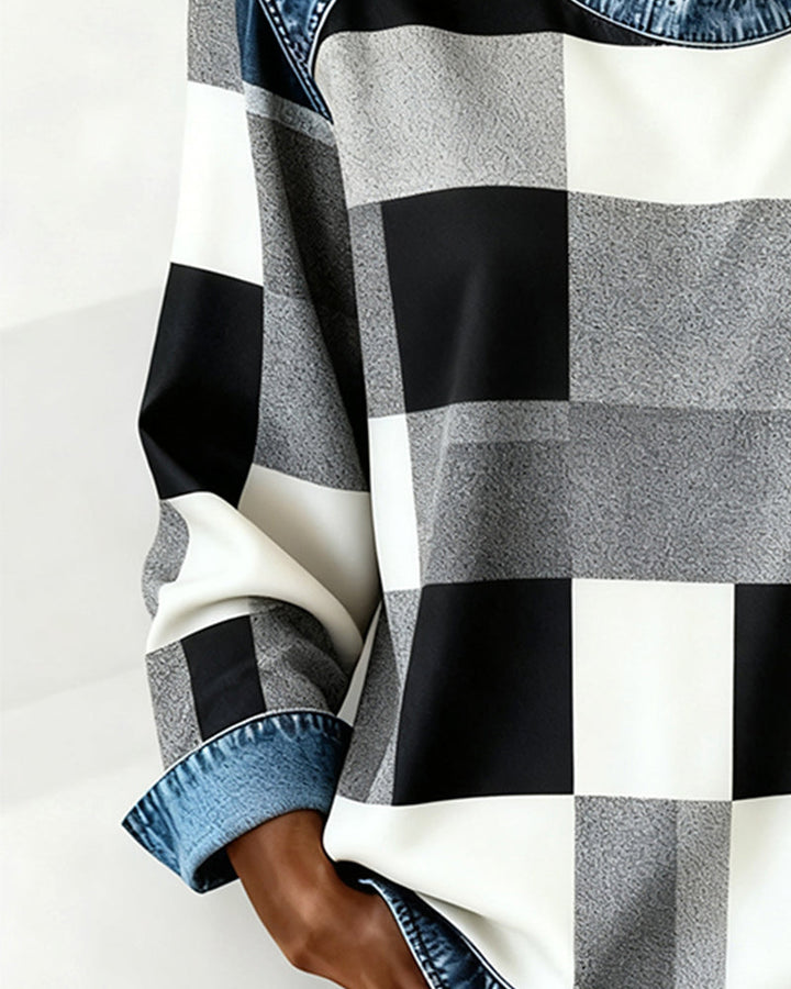 Quinn - Sweatshirt with Check Patchwork and Contrast Color