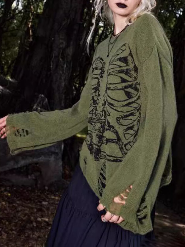 Arlette - Halloween Skeleton Dark Style Ripped Long Sleeve Sweater