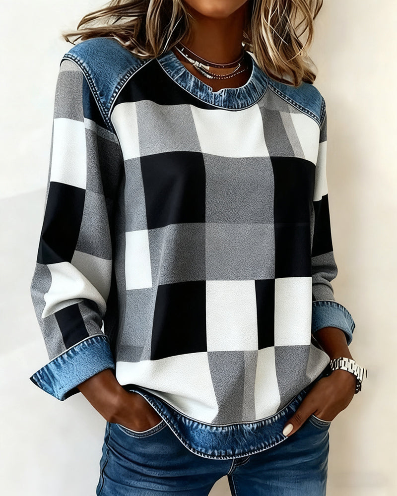 Quinn - Sweatshirt with Check Patchwork and Contrast Color