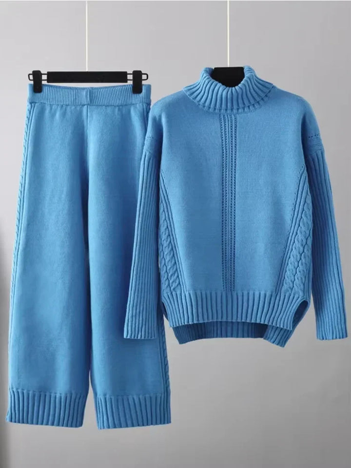 Peyton - Chic High-Neck Knit Sweater & Loose Pants Set