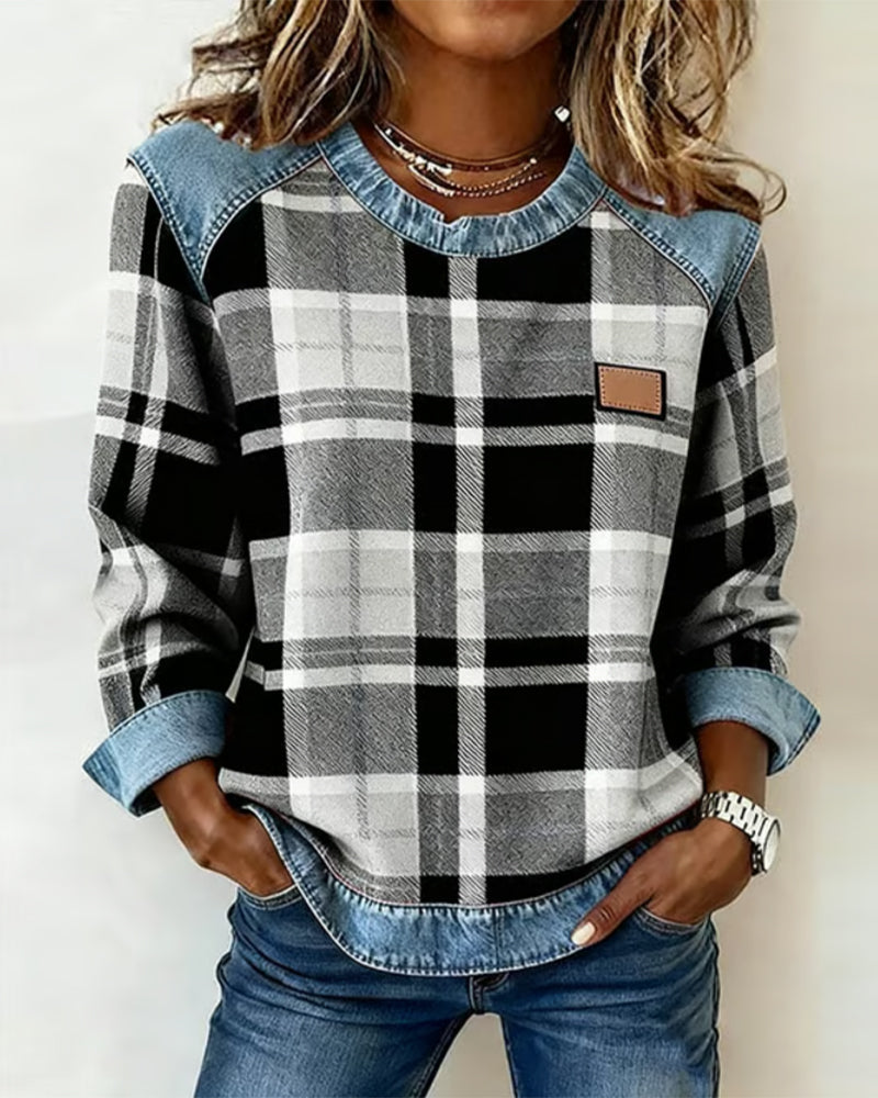 Naomi - Women's Casual Round Neck Denim Patchwork Pullover Sweatshirt