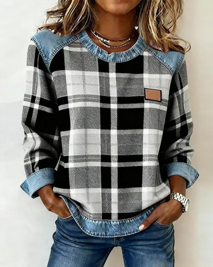 Naomi - Women's Casual Round Neck Denim Patchwork Pullover Sweatshirt