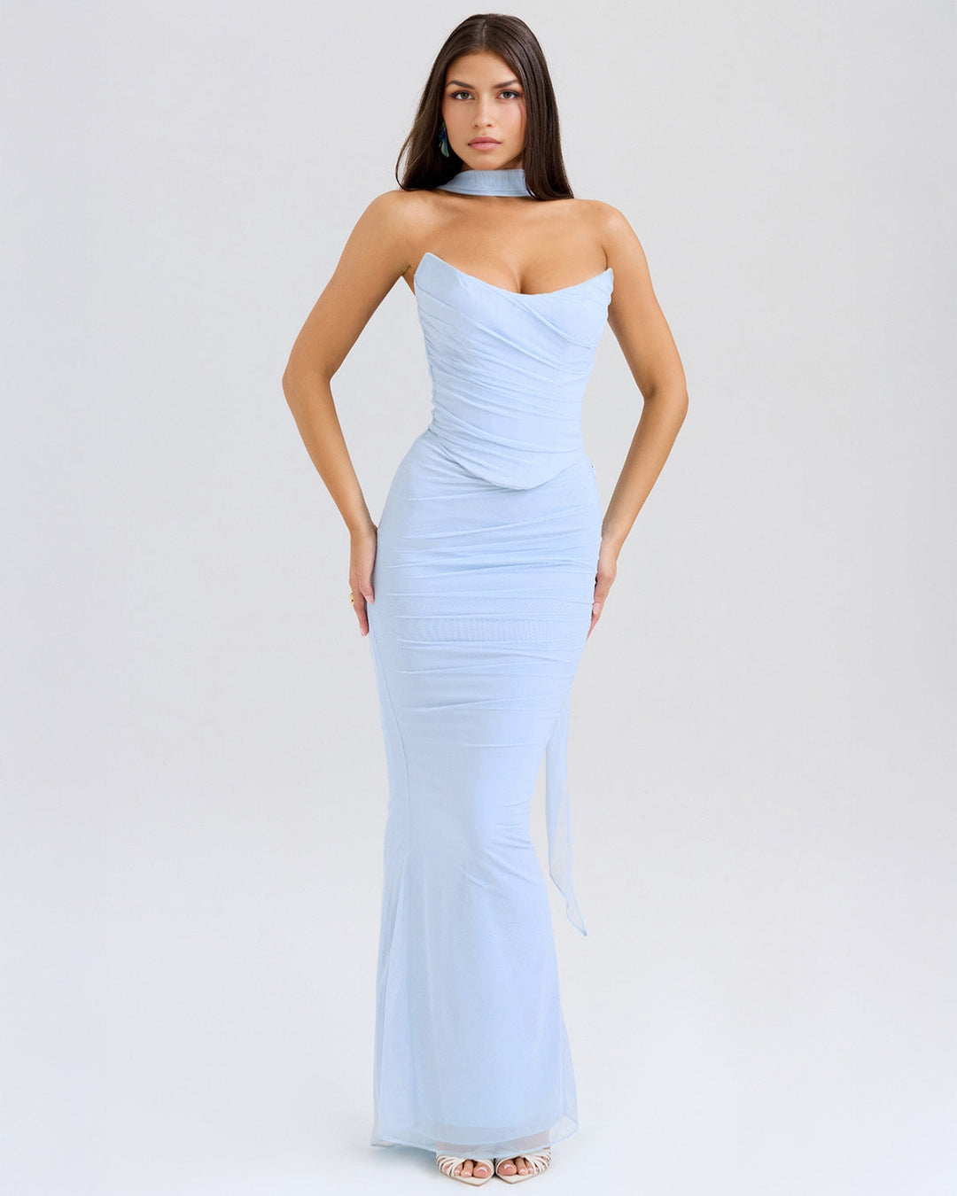 Lora - Long Dress with Draping and Choker Collar