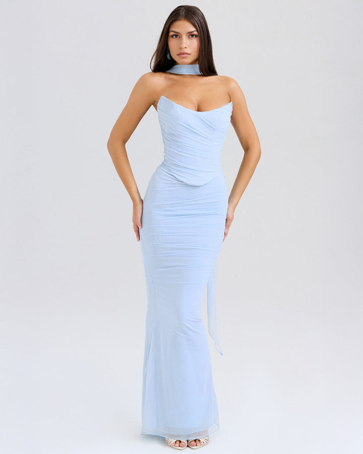 Lora - Long Dress with Draping and Choker Collar