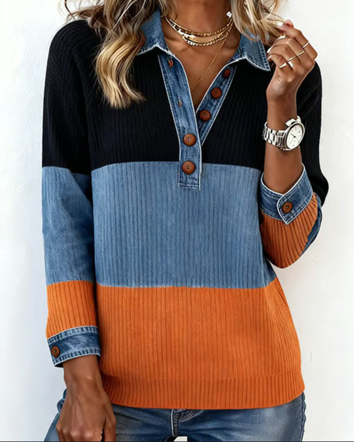 Talia - Fashionable Top with Lapel and Contrast Color