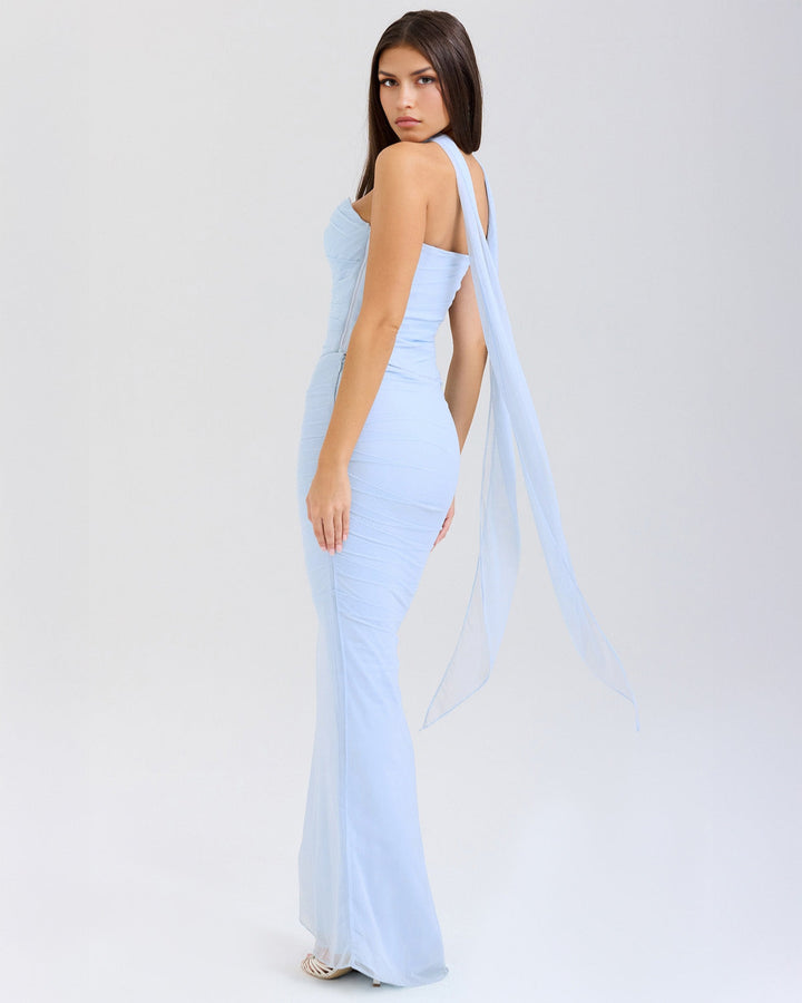 Lora - Long Dress with Draping and Choker Collar