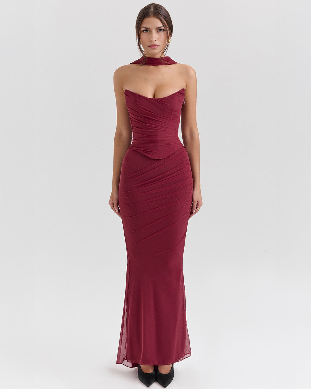 Lora - Long Dress with Draping and Choker Collar