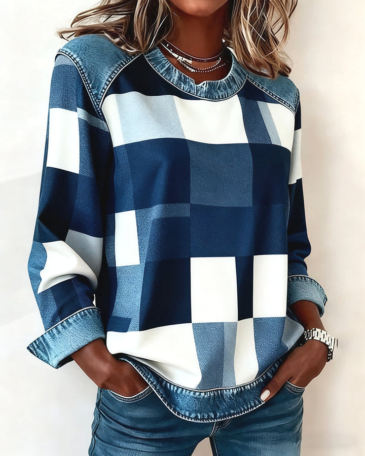 Quinn - Sweatshirt with Check Patchwork and Contrast Color