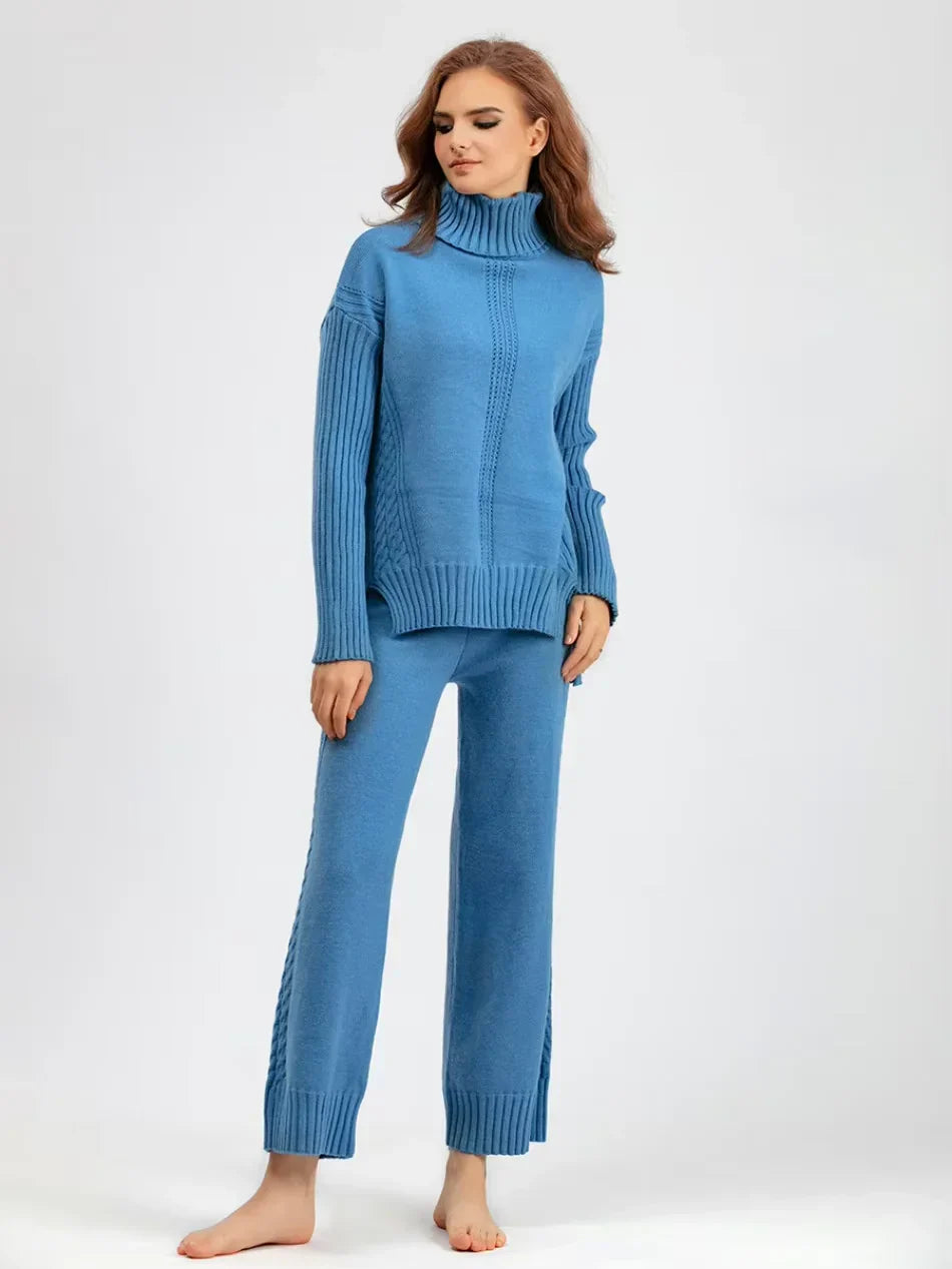 Peyton - Chic High-Neck Knit Sweater & Loose Pants Set