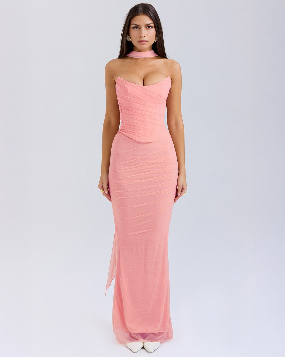 Lora - Long Dress with Draping and Choker Collar