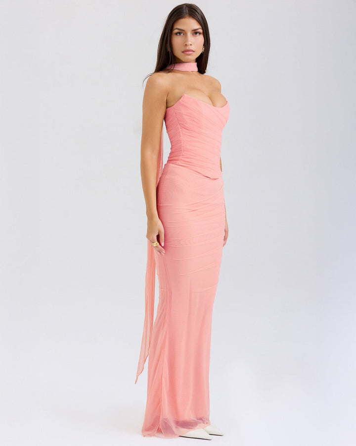 Lora - Long Dress with Draping and Choker Collar