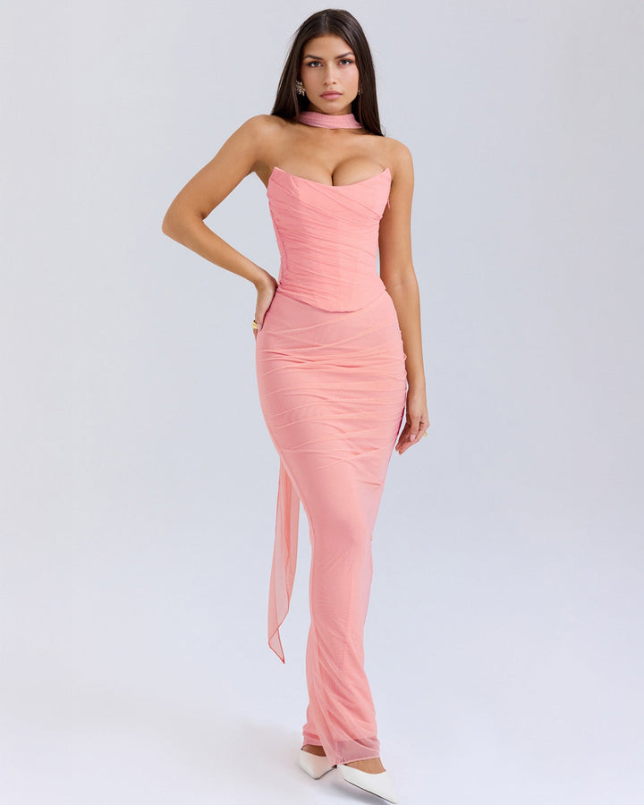 Lora - Long Dress with Draping and Choker Collar