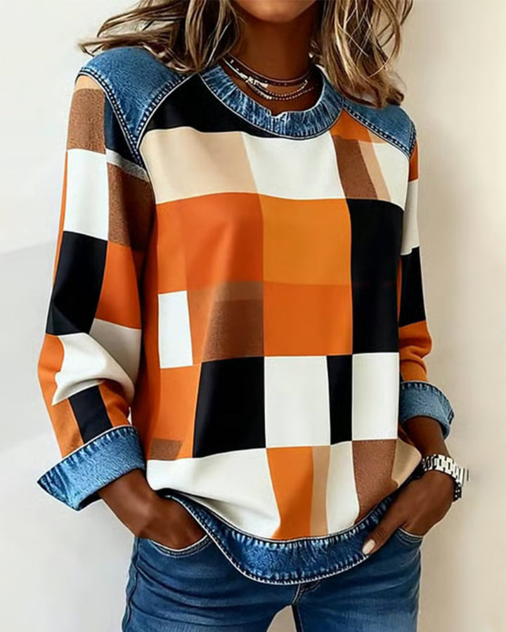 Quinn - Sweatshirt with Check Patchwork and Contrast Color