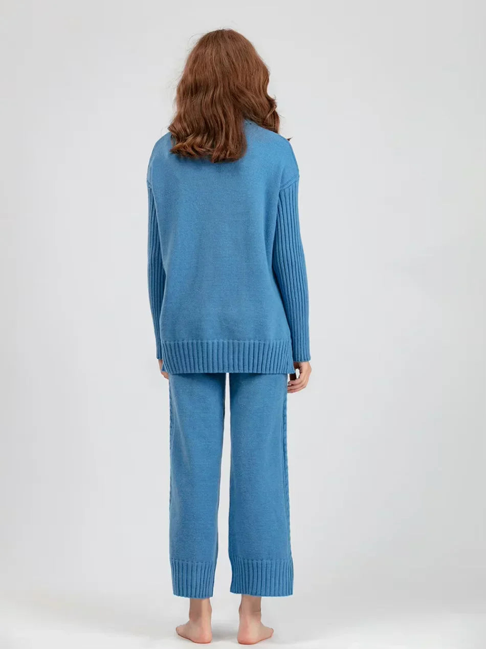 Peyton - Chic High-Neck Knit Sweater & Loose Pants Set