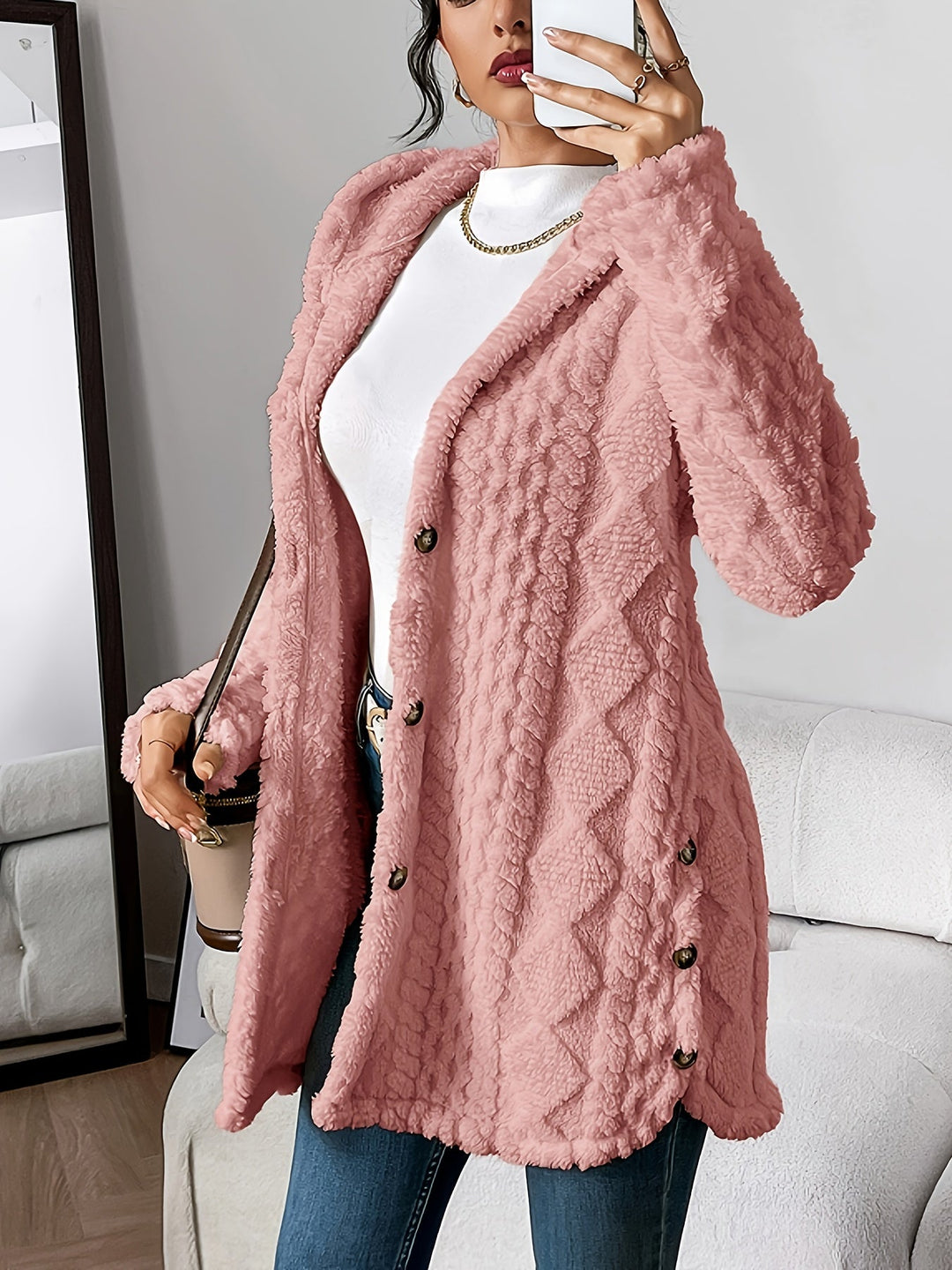 Violet - Plush Diamond-Patterned Hooded Cardigan