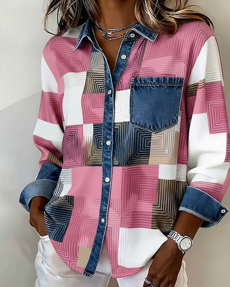 Vanessa - Color Block Shirt Fashionable Collar